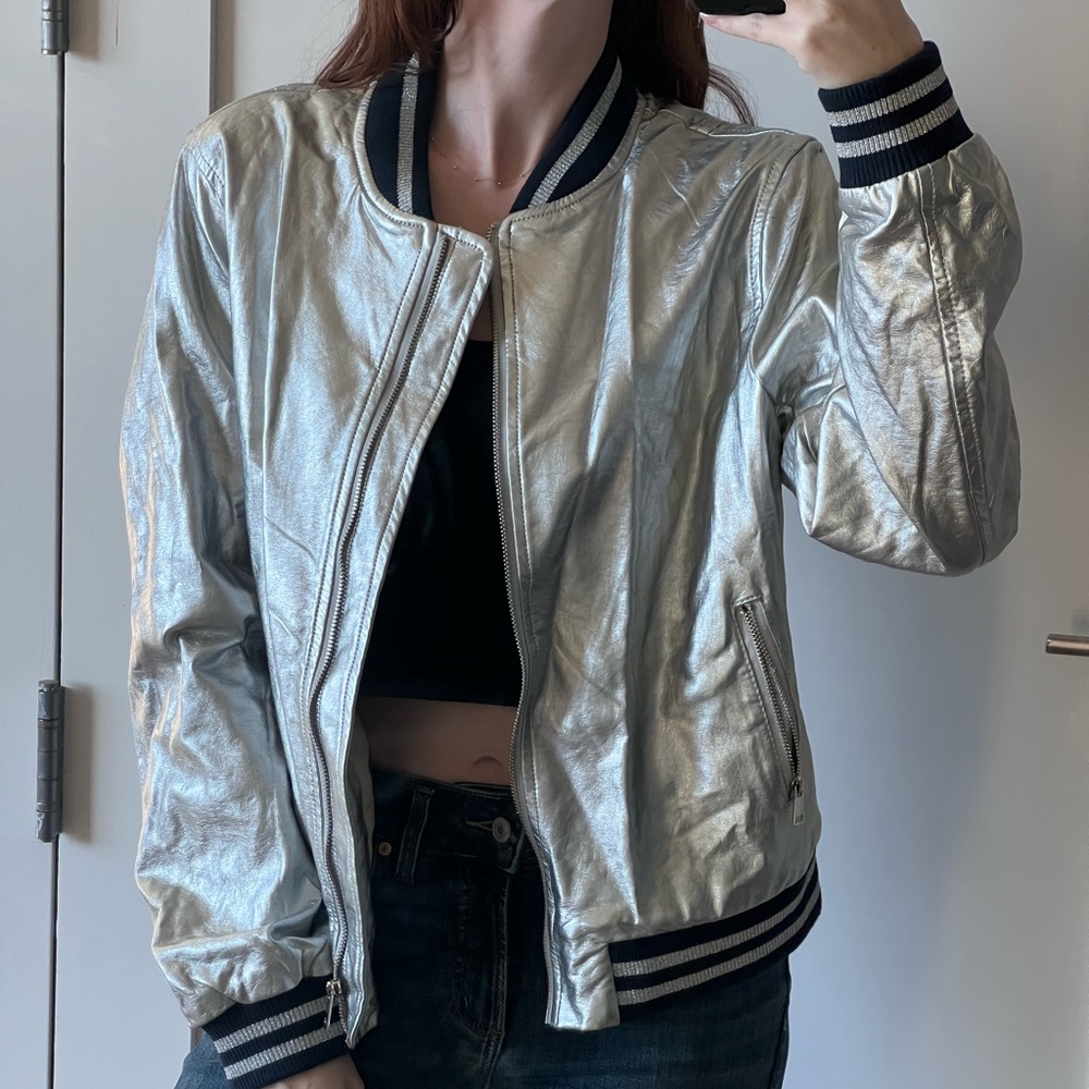 Oversized Silver Bomber Jacket with Satin Lining